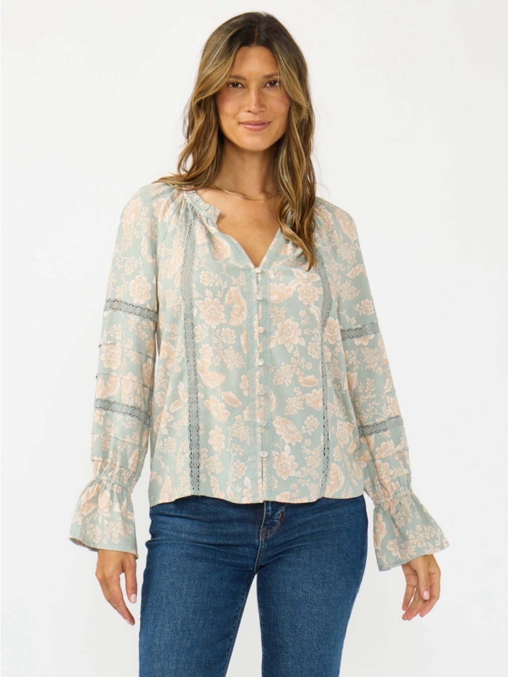 lovestitch Mint Floral V-Neck Peasant Blouse with Cream Print